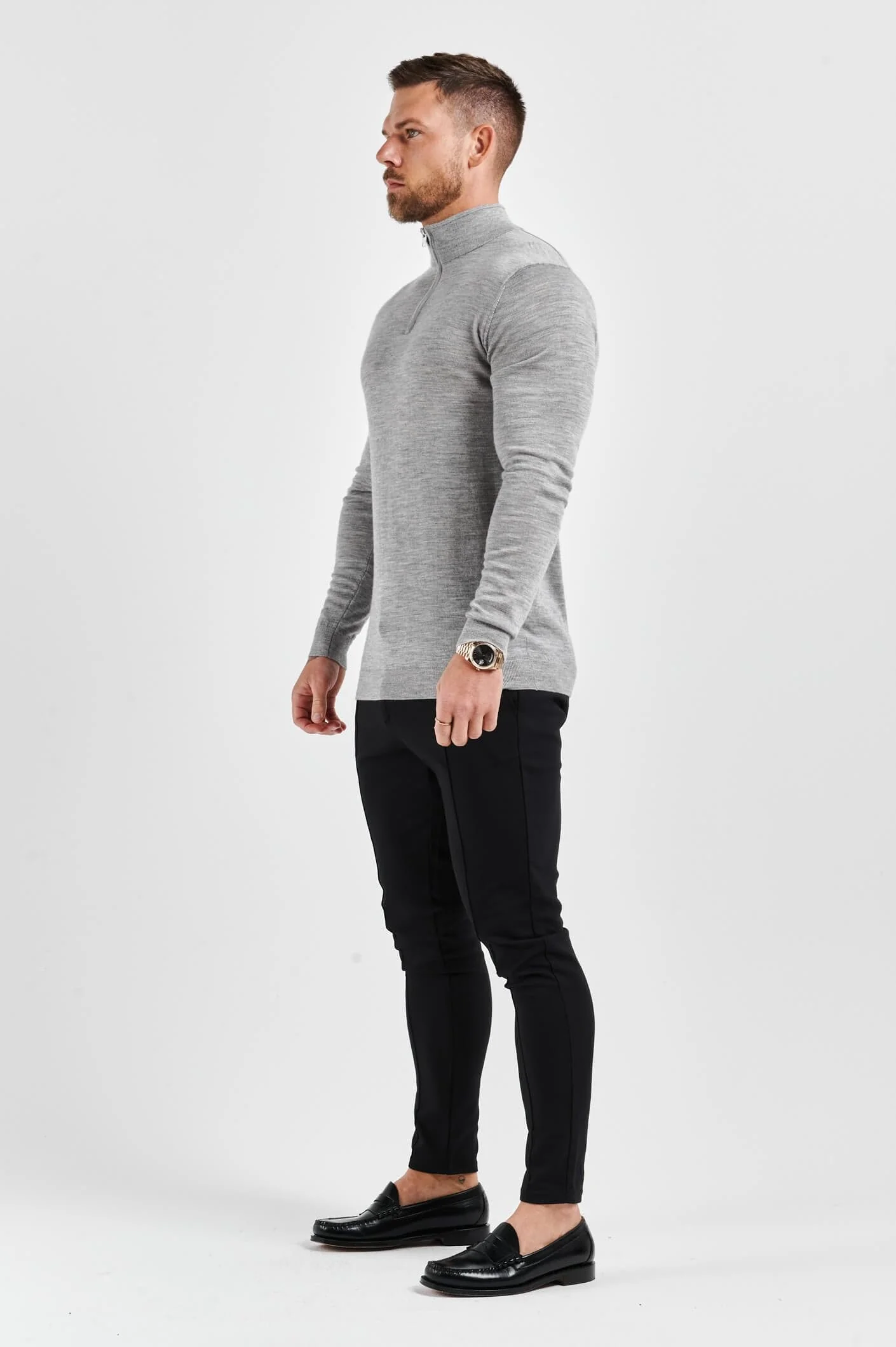 KNIT QUARTER ZIP SWEATER - GREY MARL - Image 3