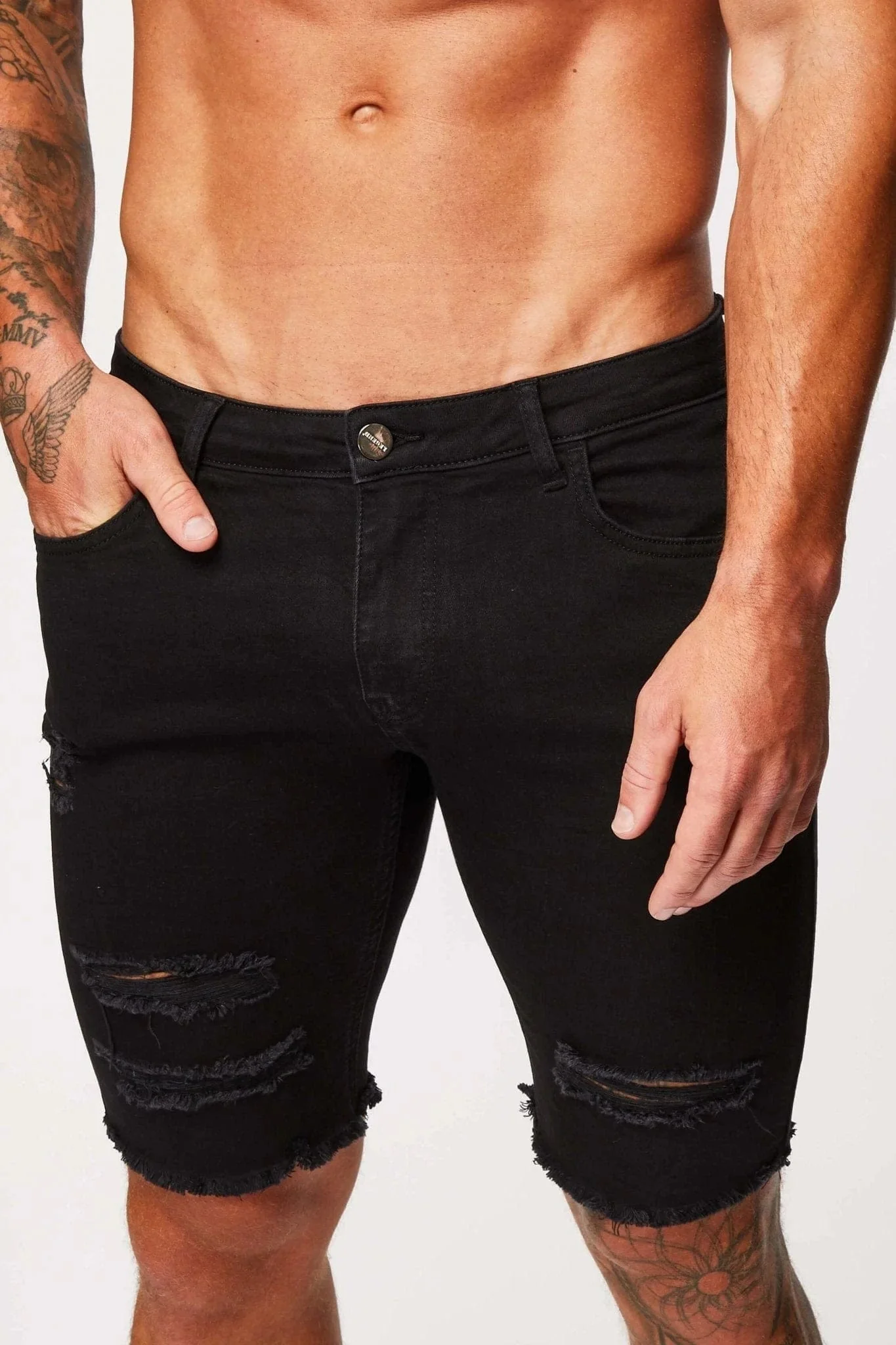 BLACK DENIM SHORTS - RIPPED & REPAIRED - Image 4