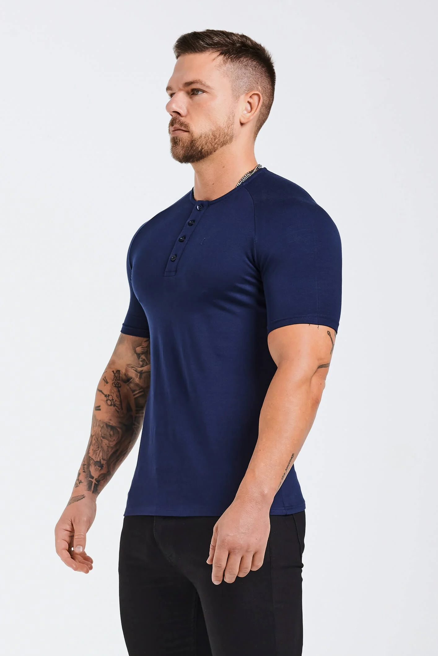 BUTTON FRONT HENLEY TOP - NAVY - Image 4