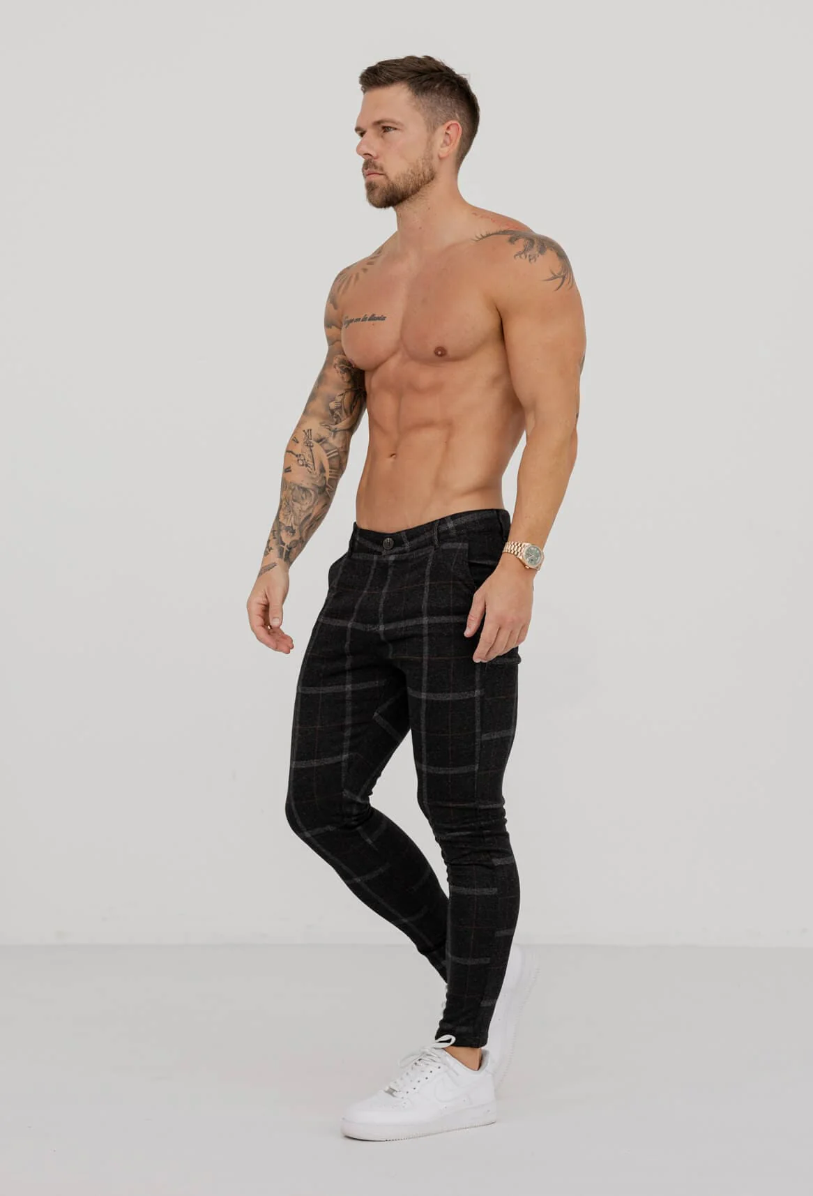 CHECKERED STRETCH TROUSERS - BLACK - Image 5