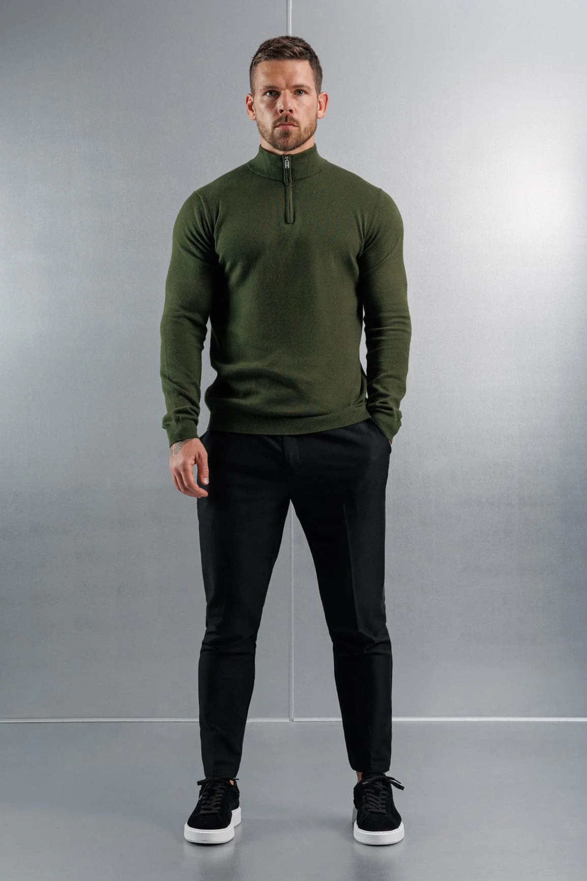 KNIT QUARTER ZIP SWEATER - DARK OLIVE - Image 2