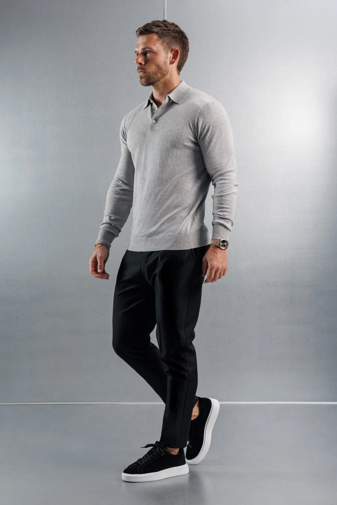 KNITTED POLO LONG SLEEVE - GREY - Image 3