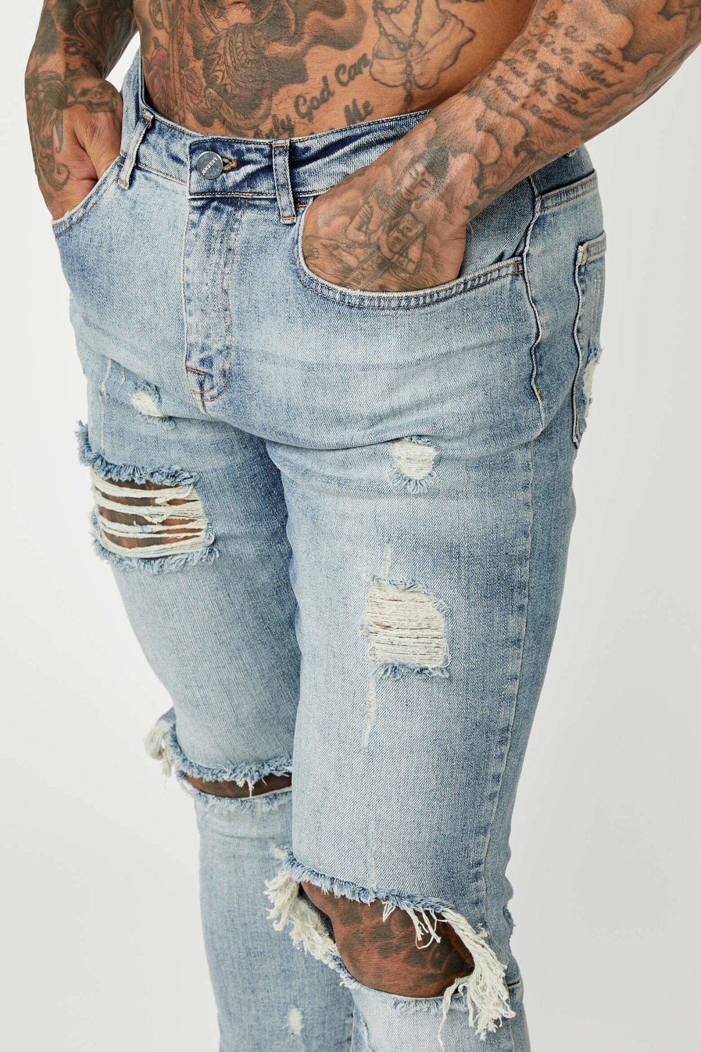 SKINNY FIT JEANS - MID BLUE RIPPED & REPAIRED - Image 6