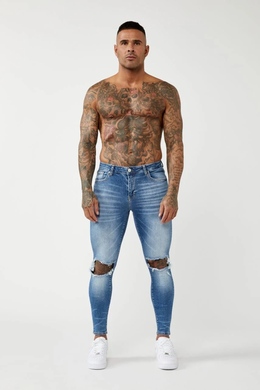 PREMIUM SKINNY FIT JEANS DESTROYED KNEE - MID BLUE WASH - Image 2