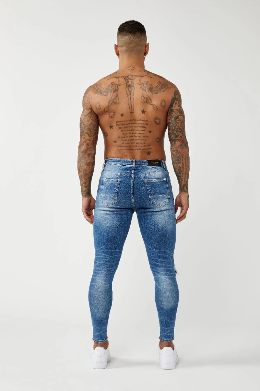 PREMIUM SKINNY FIT JEANS DESTROYED KNEE - MID BLUE WASH - Image 4
