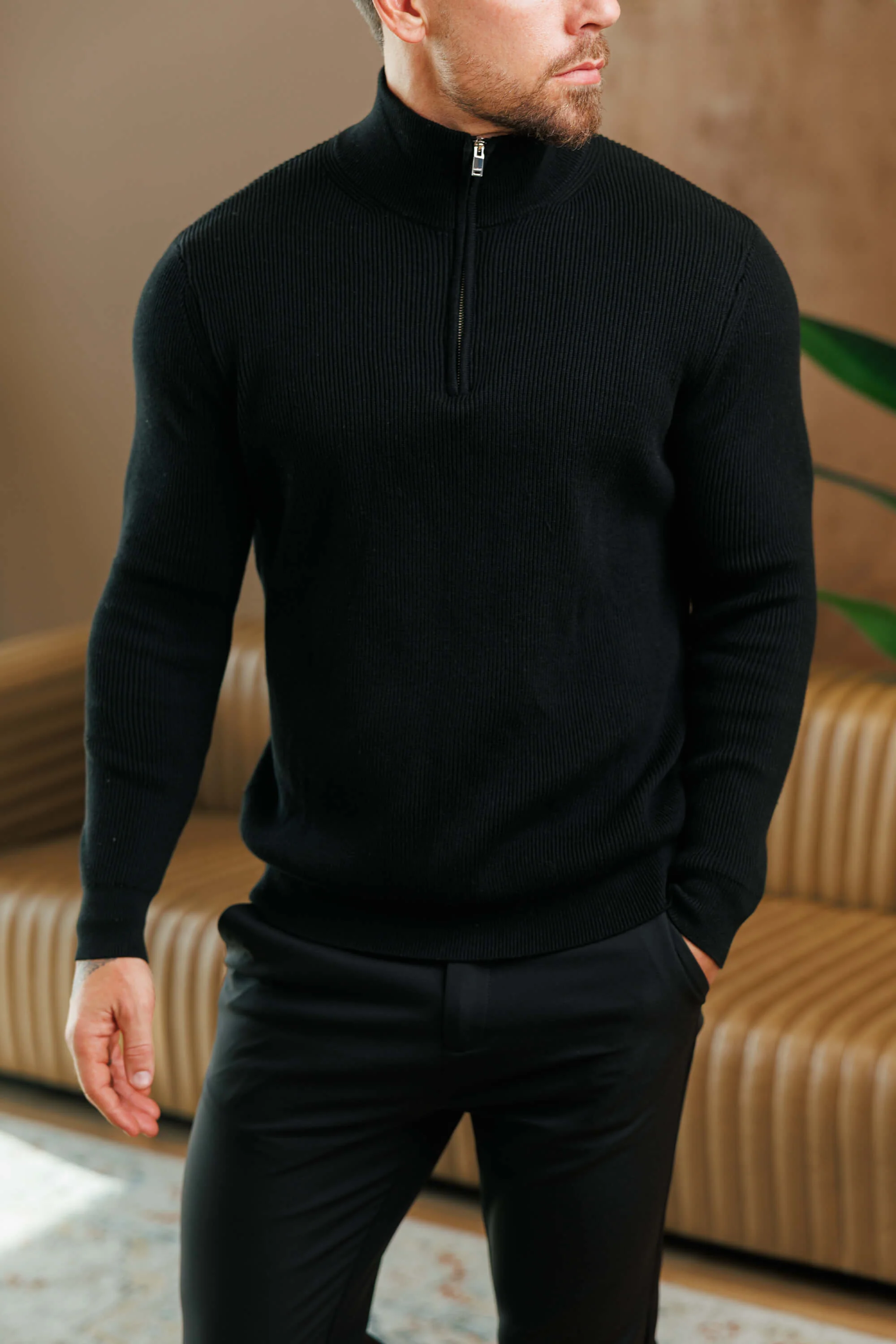 RIDGE KNIT QUARTER ZIP - BLACK - Image 12