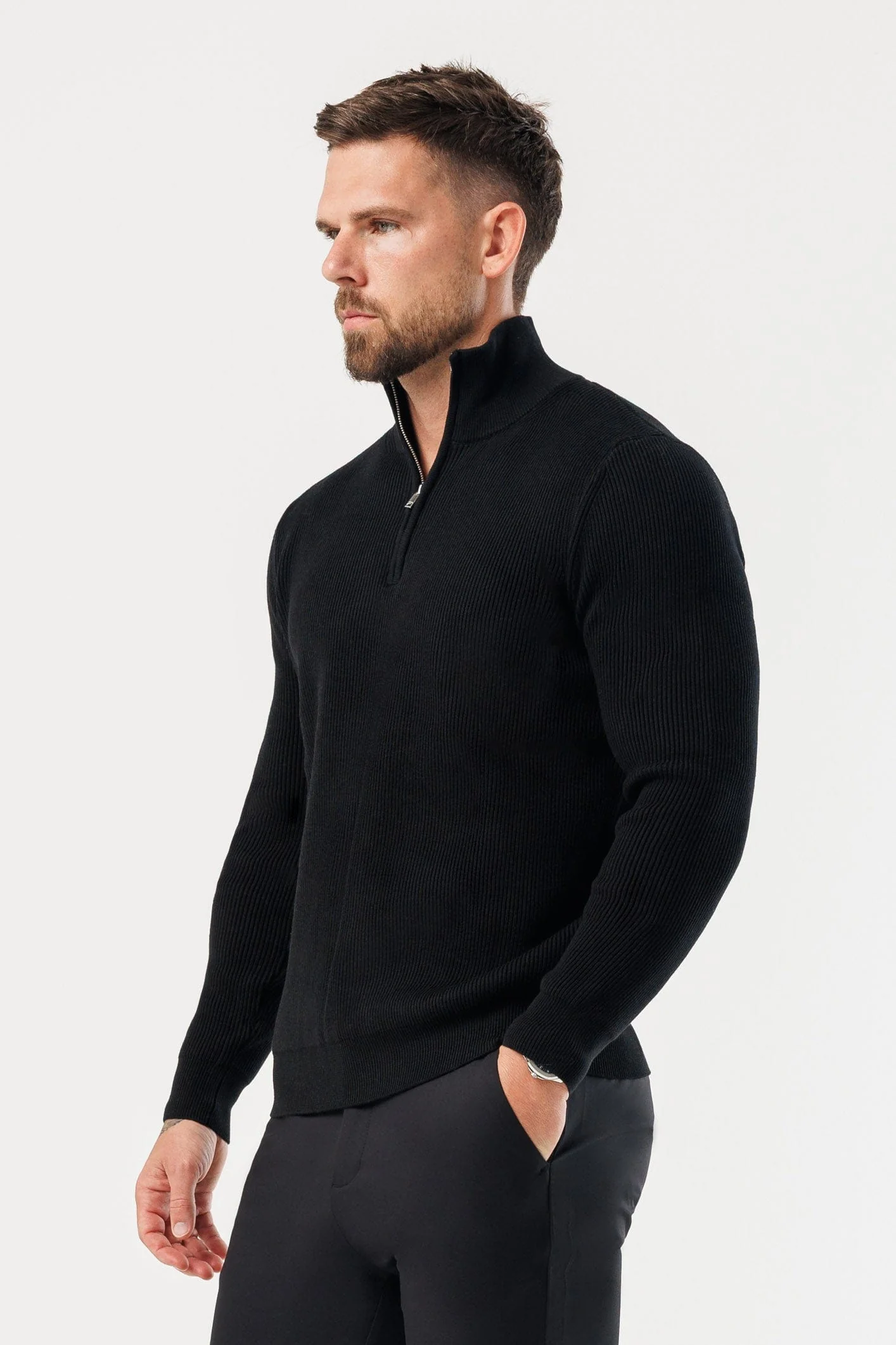 RIDGE KNIT QUARTER ZIP - BLACK - Image 5