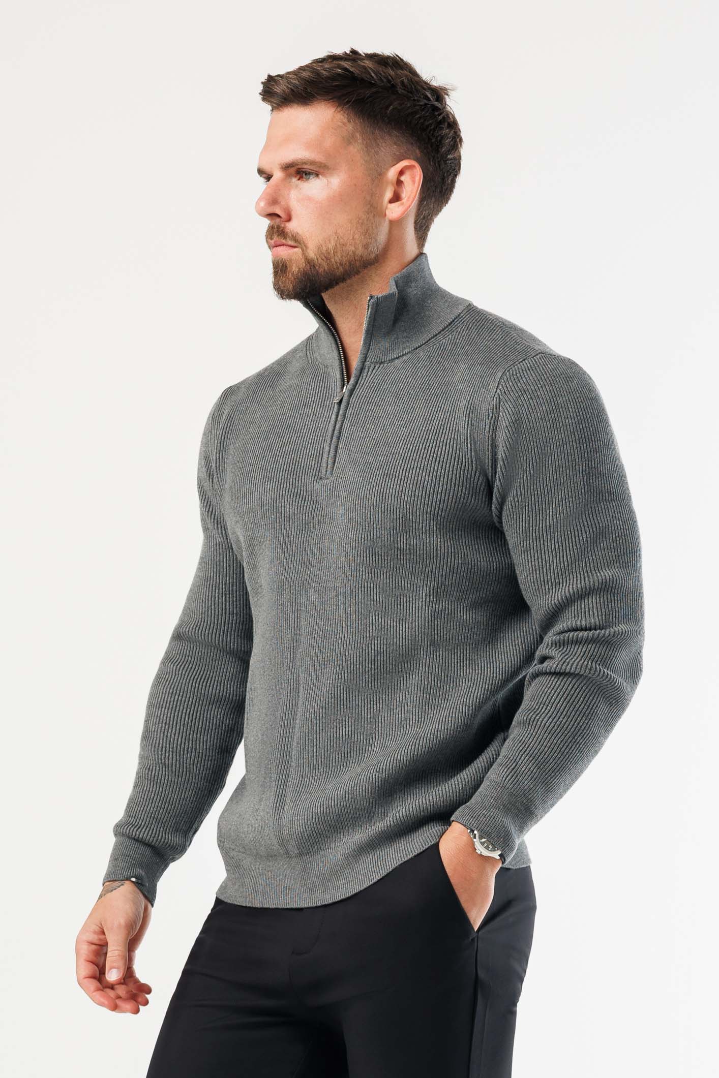 RIDGE KNIT QUARTER ZIP - DARK GREY MARL - Image 4