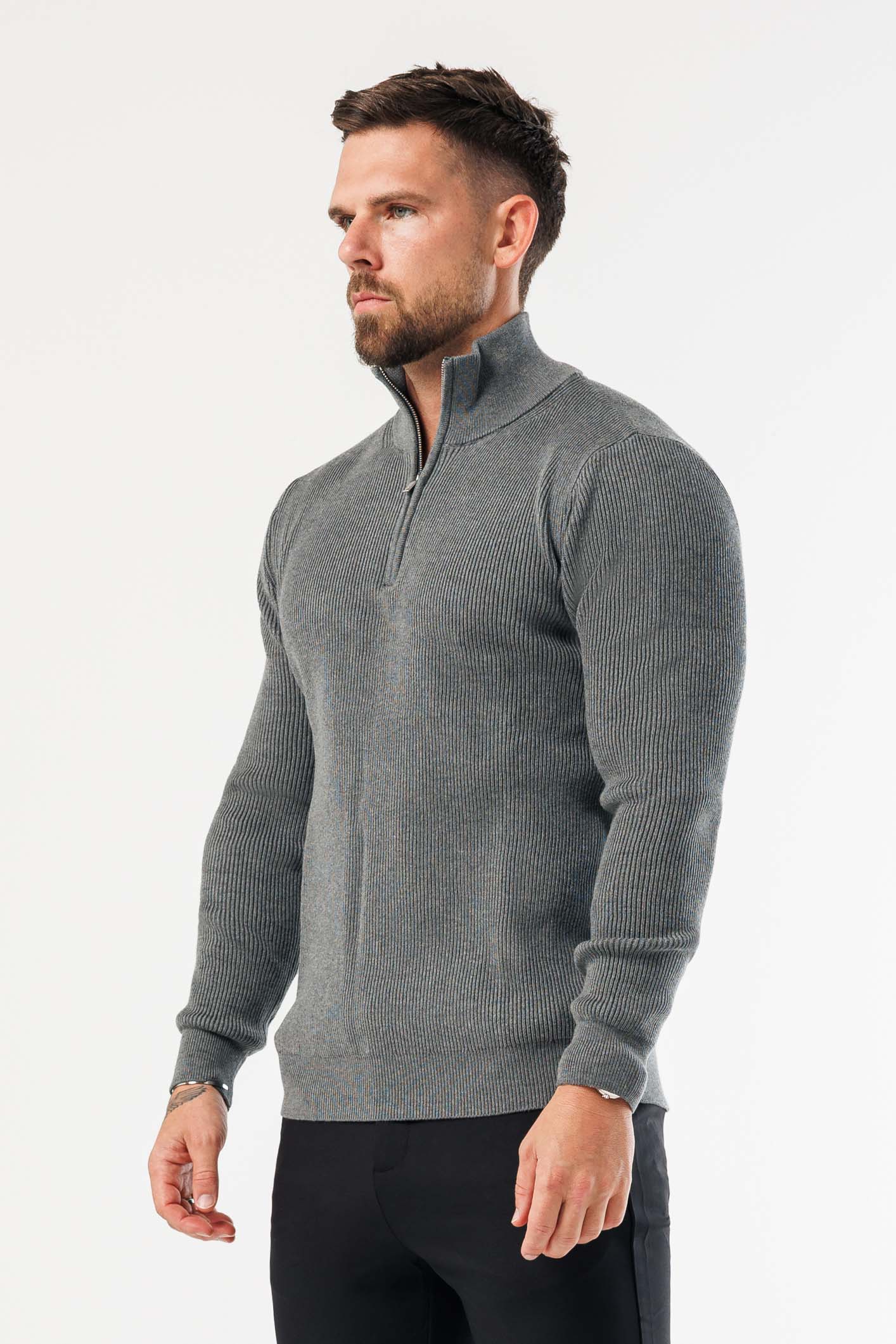 RIDGE KNIT QUARTER ZIP - DARK GREY MARL - Image 5