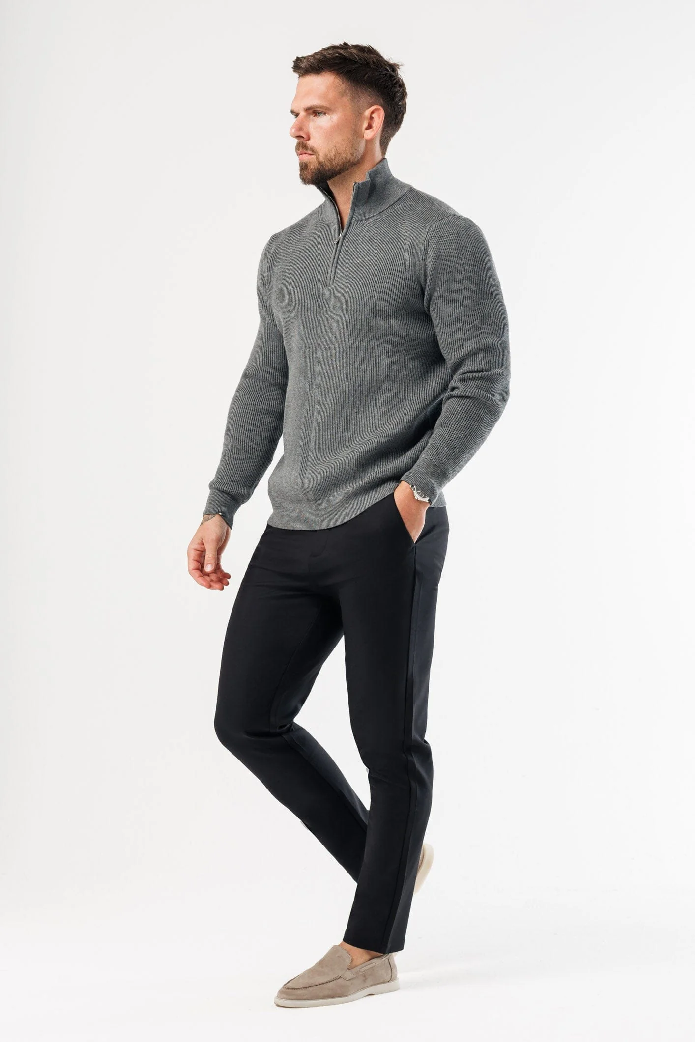RIDGE KNIT QUARTER ZIP - DARK GREY MARL - Image 8