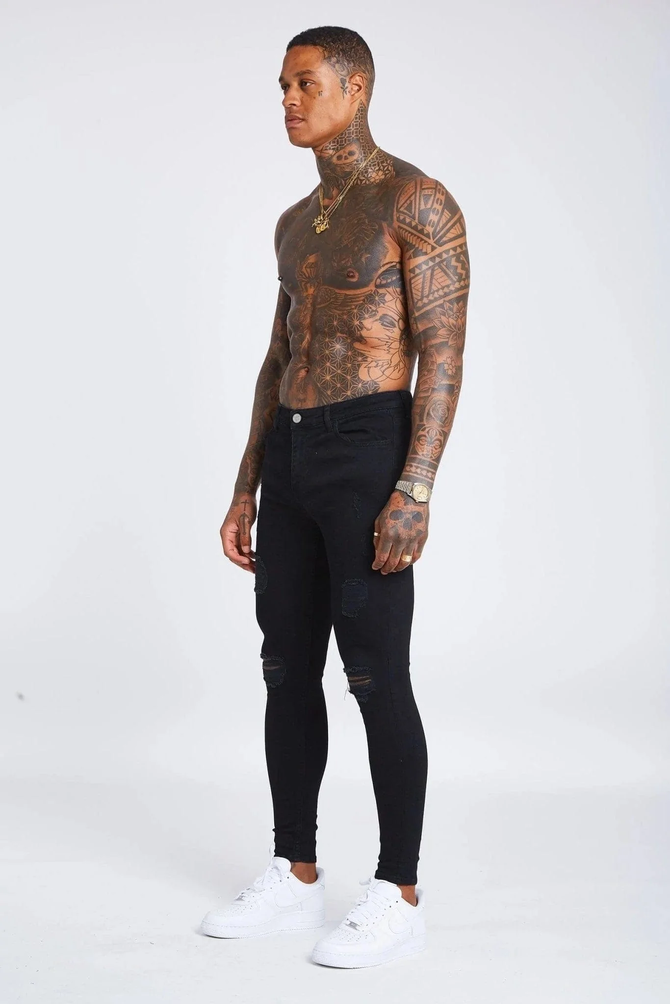 SKINNY FIT JEANS RIPPED & REPAIRED - BLACK - Image 5
