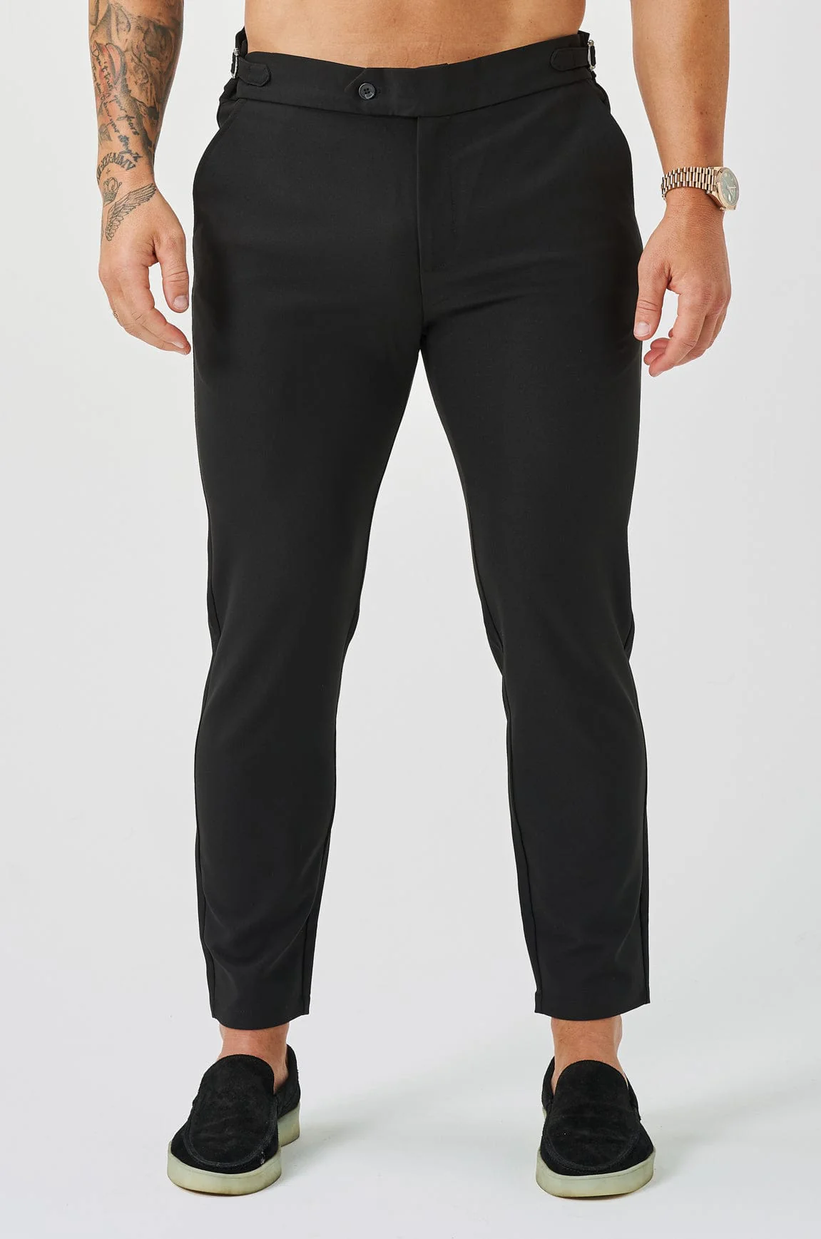 SLIM FIT PLAIN STRETCH TROUSER W/ SIDE CINCH - BLACK - Image 3