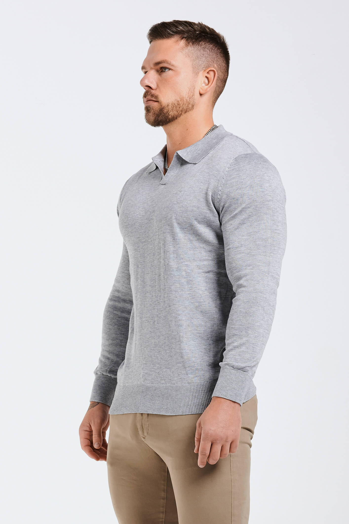 SPREAD COLLAR POLO - GREY MARL - Image 4