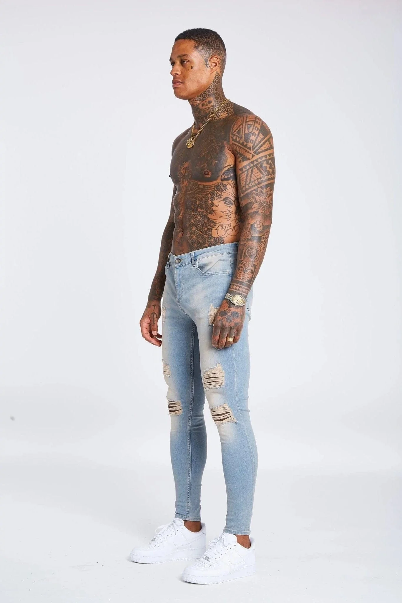 SKINNY FIT JEANS RIPPED & REPAIRED - STONE WASHED - Image 3