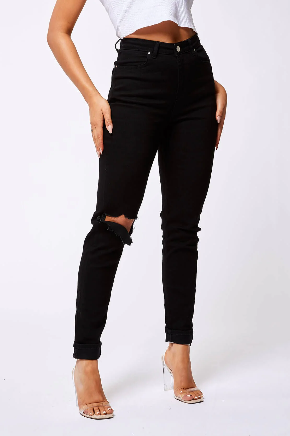 STRAIGHT LEG JEANS - BLACK DESTROYED KNEE - Image 2