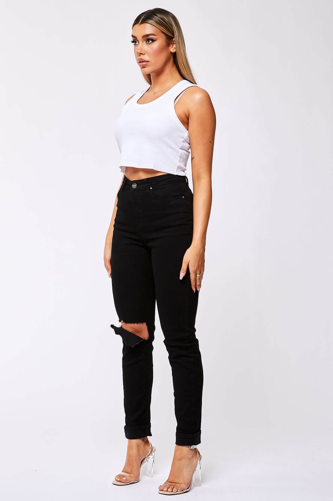 STRAIGHT LEG JEANS - BLACK DESTROYED KNEE - Image 5